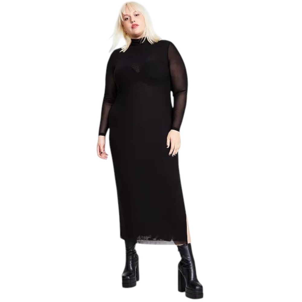 Bar III Plus Size Mesh Mock-Turtleneck Black Maxi Dress Goth Women's Size XL NWT